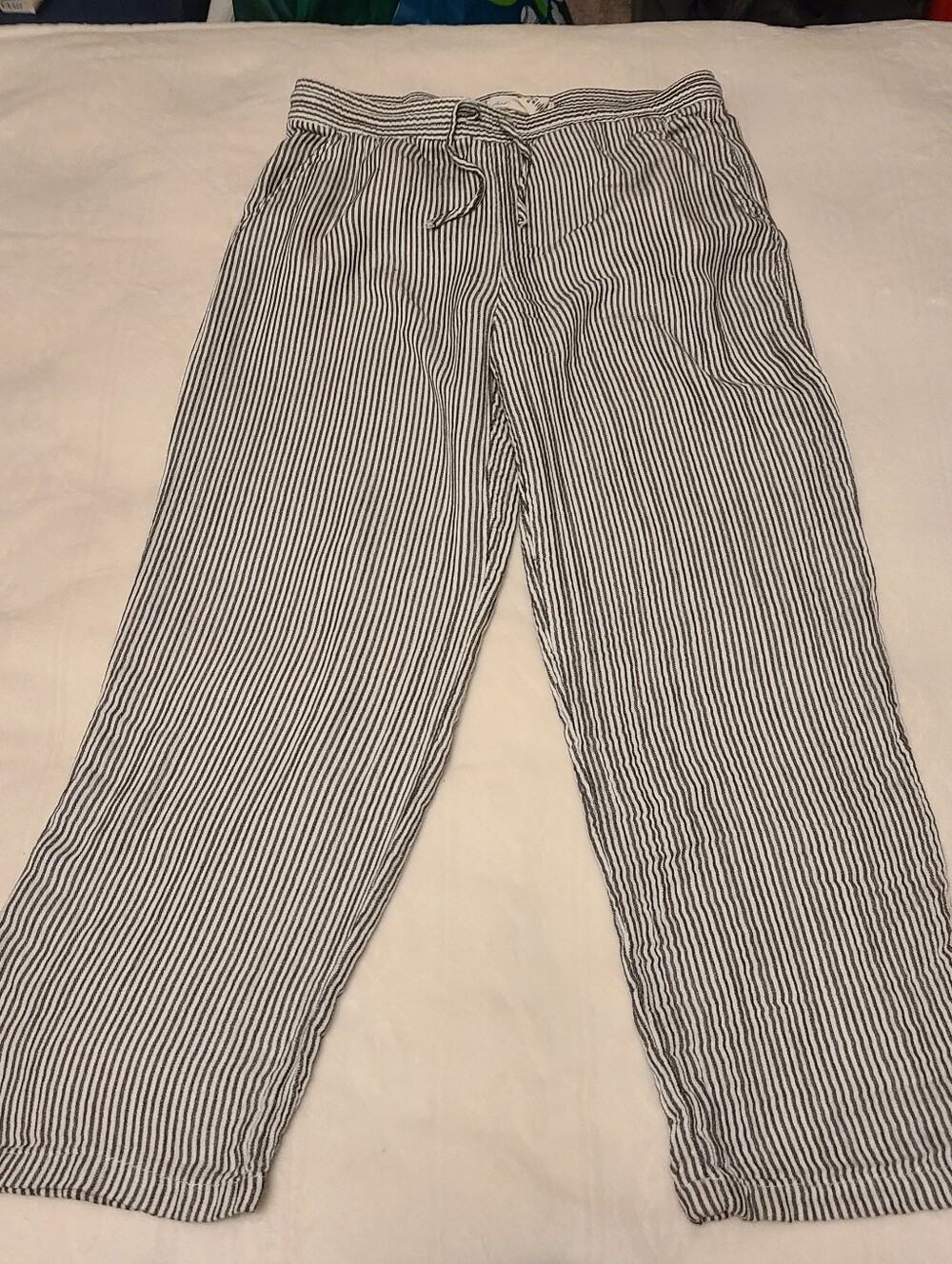 Women's Striped Drawstring Linen-Blend Pants — Black & White
